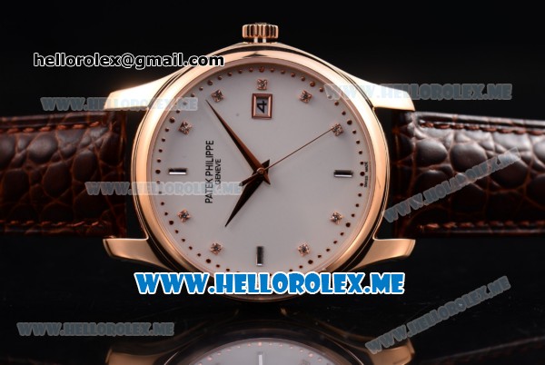 Patek Philippe Calatrava Miyota Quartz Rose Gold Case with White Dial and Brown Leather Strap Diamonds Markers - Click Image to Close